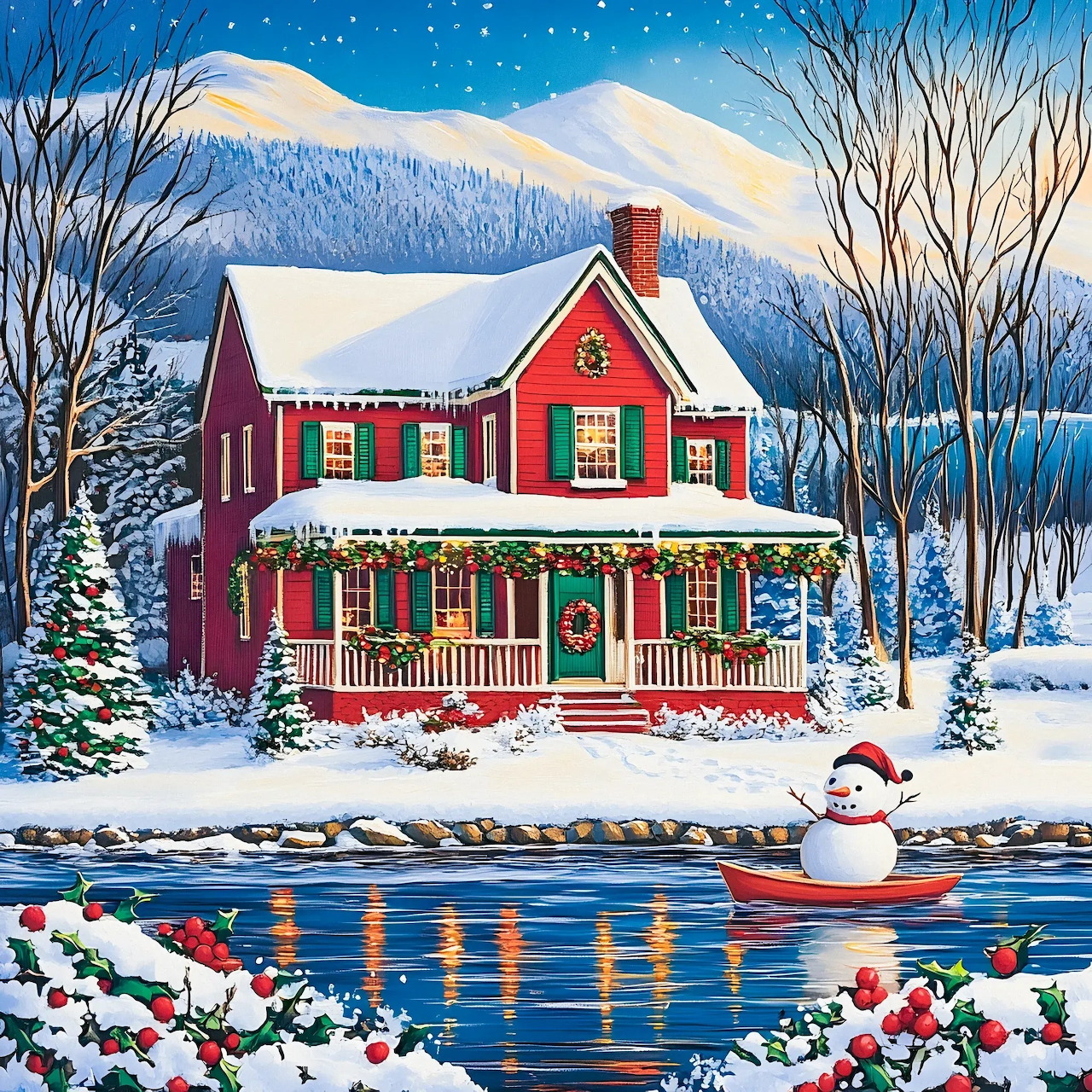 Red house with white trim by frozen river, snowman paddling canoe, snowy mountain backdrop, winter night scene