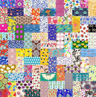 Colorful patchwork quilt-style collage with diverse patterns in small square tiles