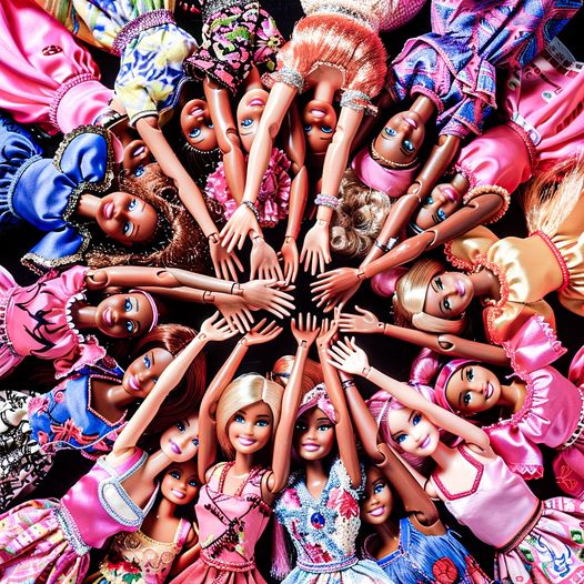 Colorful fashion dolls arranged in a circle with hands reaching inward