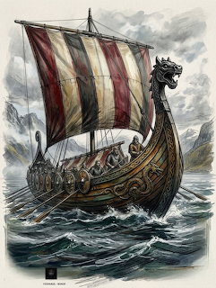 Illustrated Viking longship with striped sail and dragon prow sailing on stormy seas near mountains