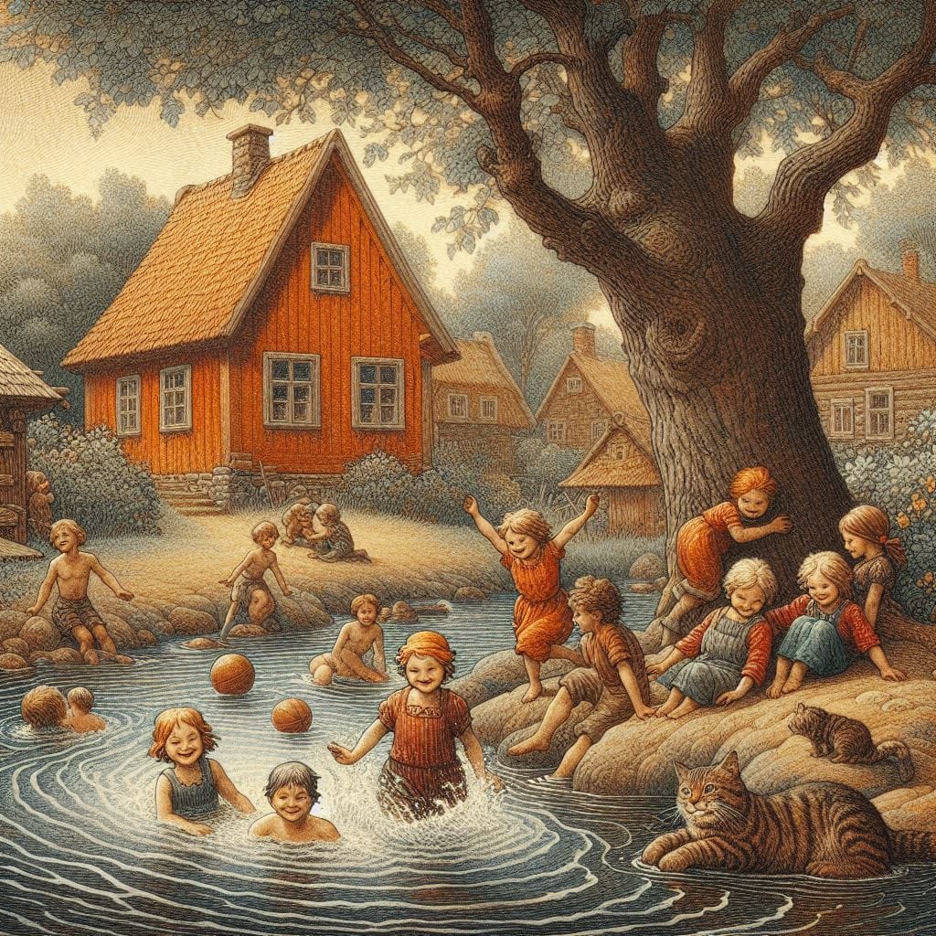 Children playing in pond near large tree and orange cottage in vintage illustrated village scene