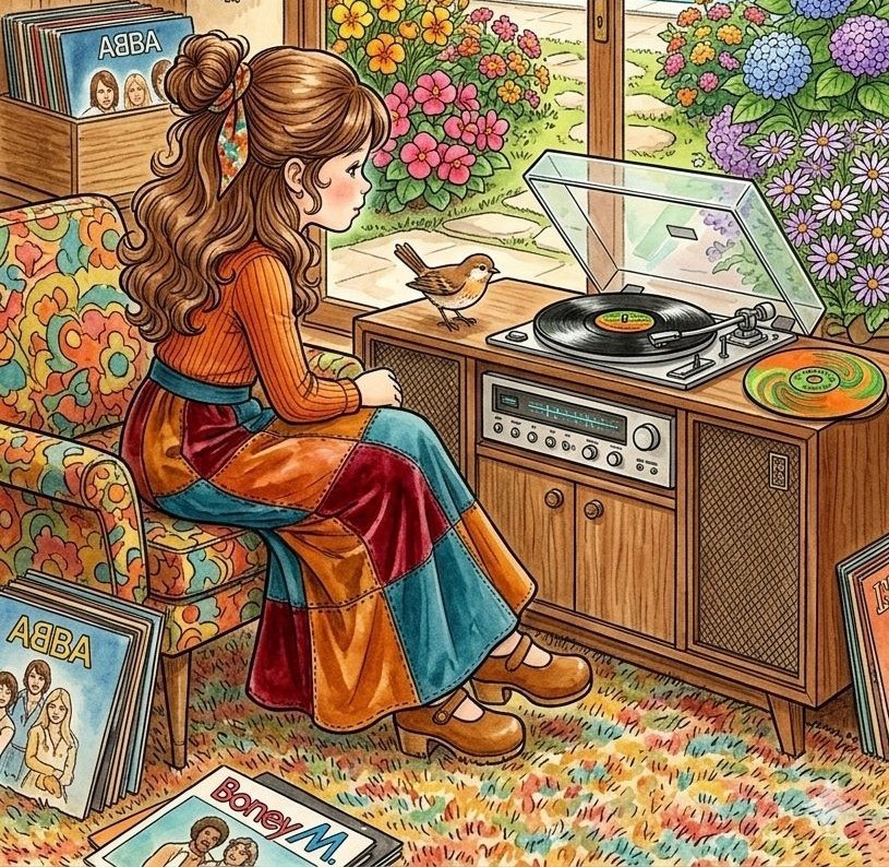Young woman sitting by vintage record player near window with flowers, colorful retro interior illustration