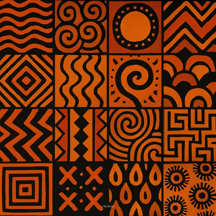 Grid of orange and black African-inspired geometric patterns including spirals, waves, and tribal symbols