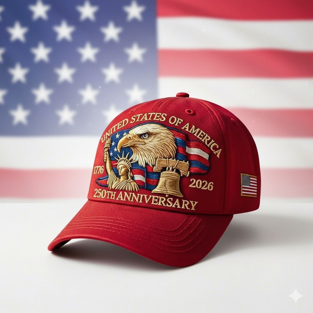 Red cap with eagle emblem and 250th anniversary text in front of American flag