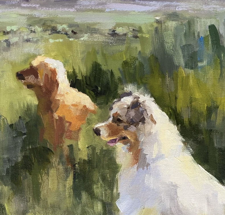 Impressionist painting of two dogs in a grassy field with muted green and yellow tones