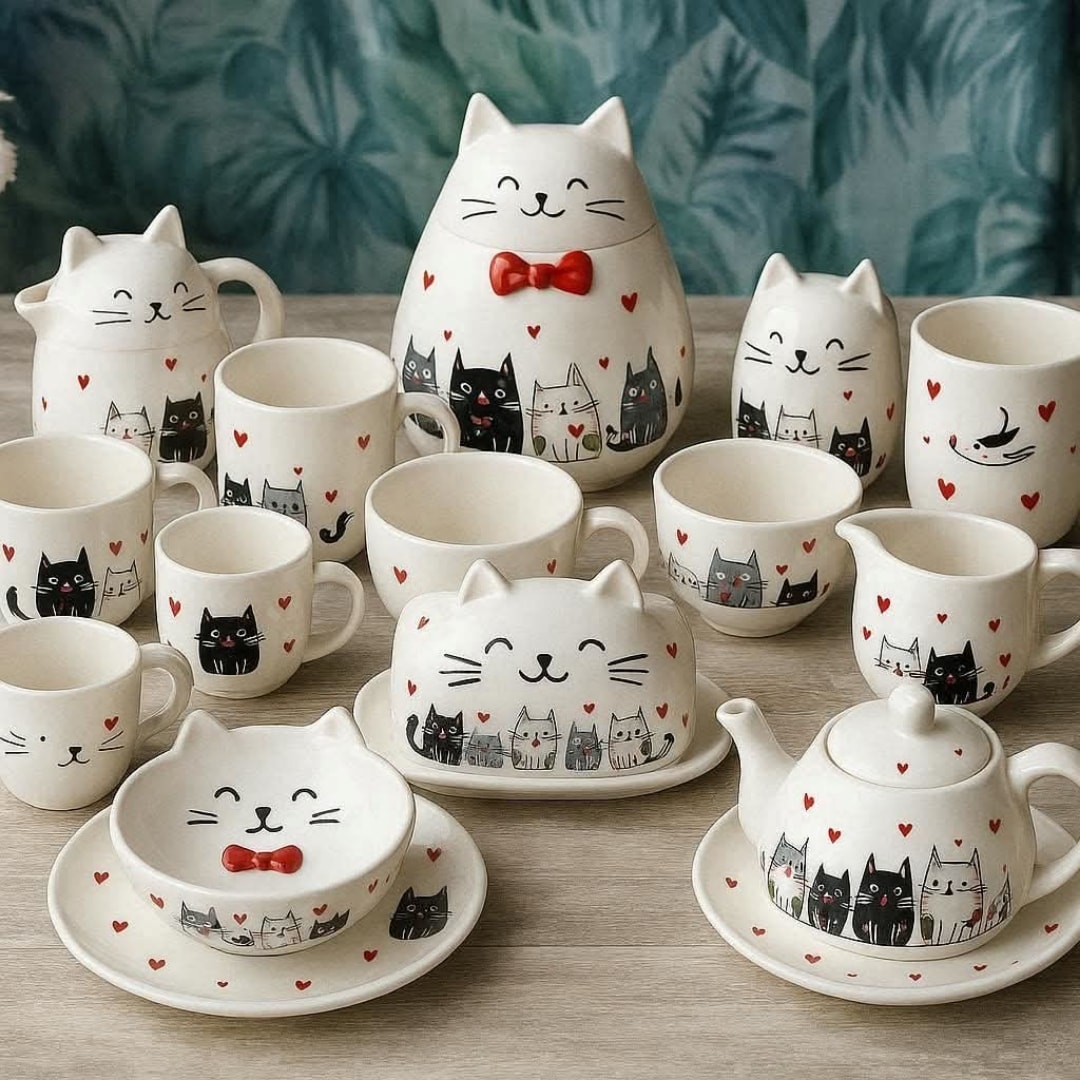 White ceramic cat-themed tea set with teapot and cups decorated with black cat silhouettes and red bows