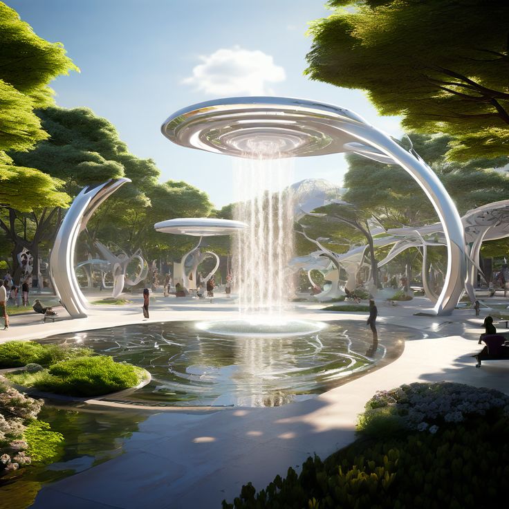 Futuristic white circular structure with central waterfall cascading into reflecting pool in surreal garden landscape