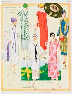 1925 Butterick fashion catalog page showing six women modeling vintage dresses, coats and accessories