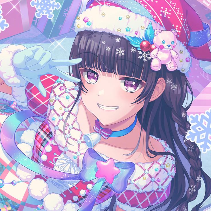 Anime girl with dark hair, purple eyes, and pastel geometric background with teddy bears