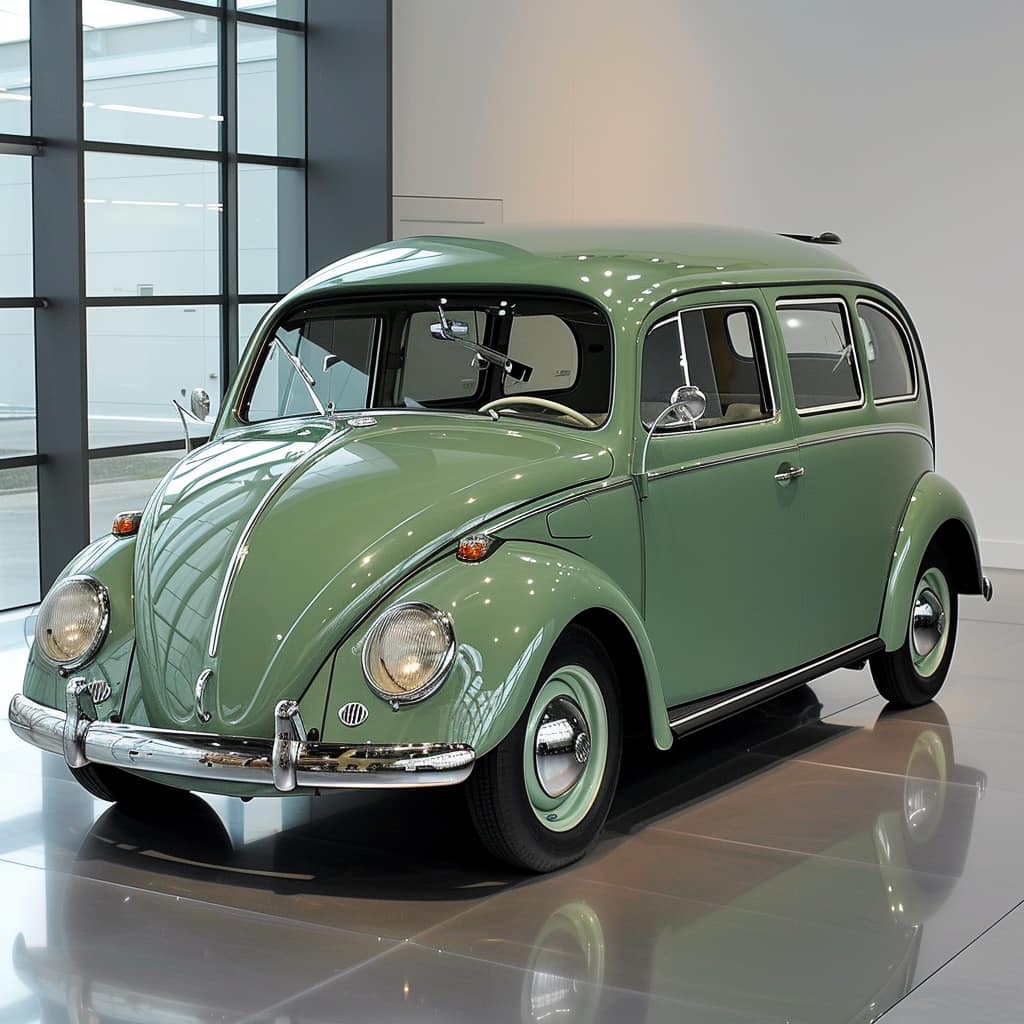 Vintage green VW Beetle wagon in modern showroom