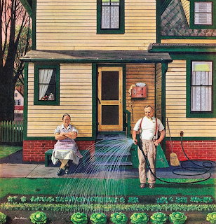 Vintage illustration of man and woman gardening in front of yellow house with vegetable rows