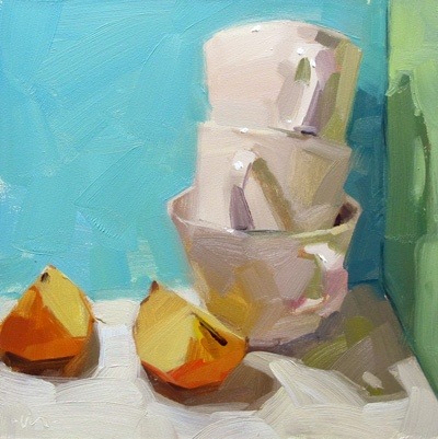 Oil painting of stacked white teacups with orange slices on table, turquoise background
