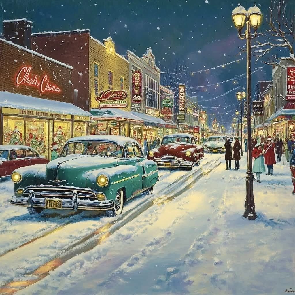 Snowy 1950s Main Street at night with vintage cars, Christmas lights, and holiday shoppers in a retro winter scene