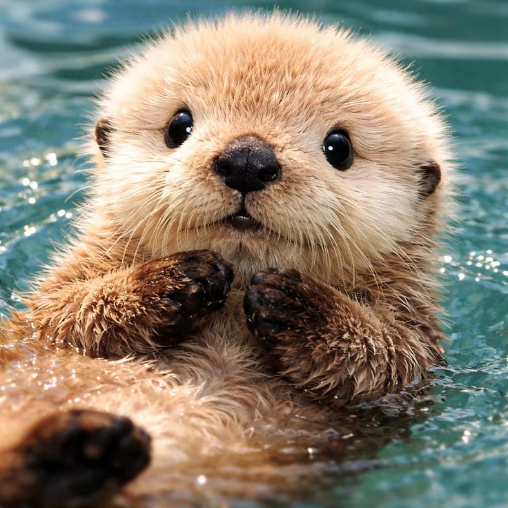Close-up of a sea otter floating in blue water with its paws tucked against its chest