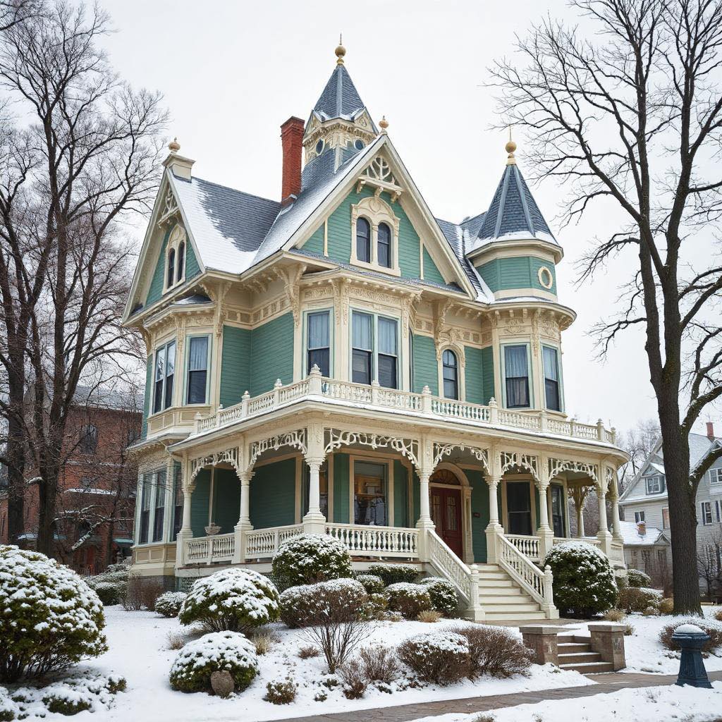 Ornate Victorian mansion with turquoise siding and white trim in snowy winter landscape