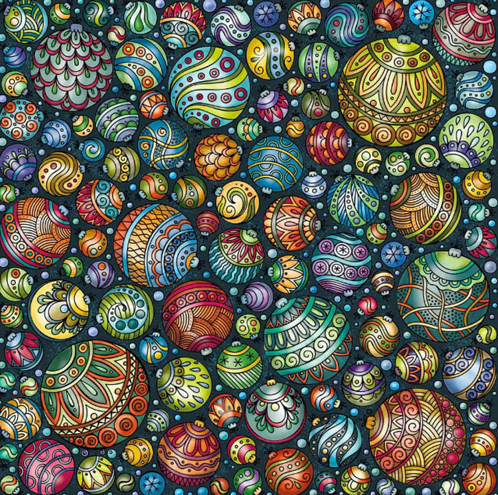 Densely packed decorative Christmas ornaments with colorful patterns and designs