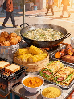 Colorful street food stall displaying fried snacks, noodles, corn, and assorted dishes with people walking by