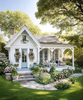 White cottage with covered porch, stone path, and colorful garden beds surrounded by trees