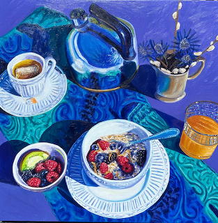 Colorful painting of breakfast table with oatmeal, berries, coffee, teapot and honey jar on blue patterned cloth