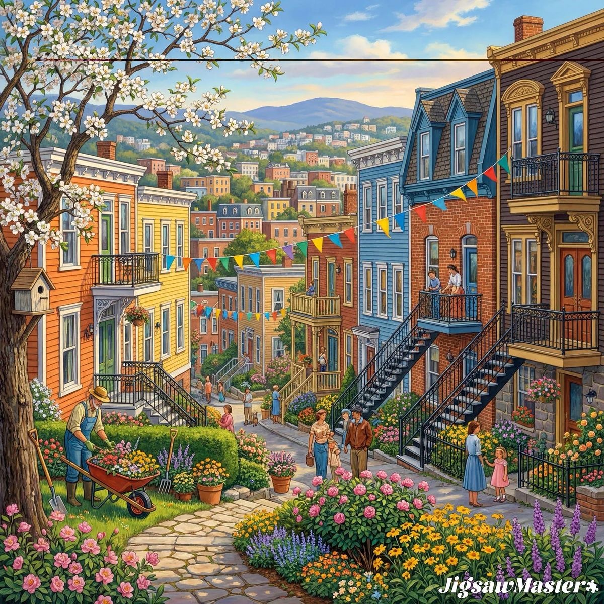 Colorful painted village street with hillside houses, flowers, and people walking