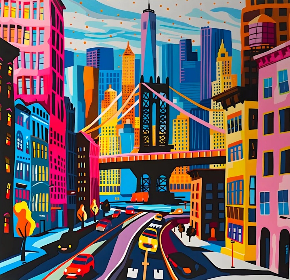 Colorful pop art cityscape with bridge, skyscrapers, and taxis on urban street