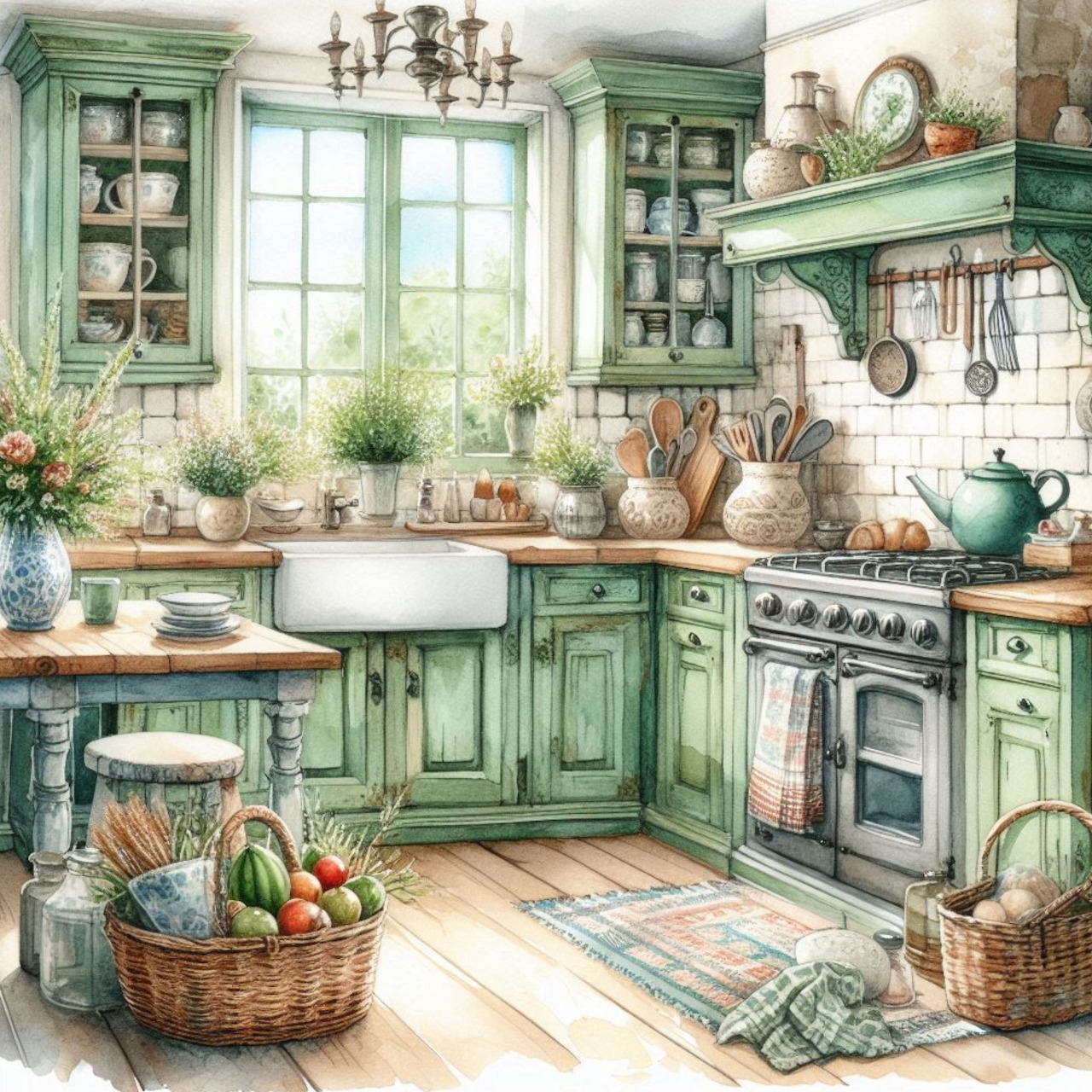 Cozy country kitchen with green cabinets, farmhouse sink, wooden counters, and wicker baskets on hardwood floor