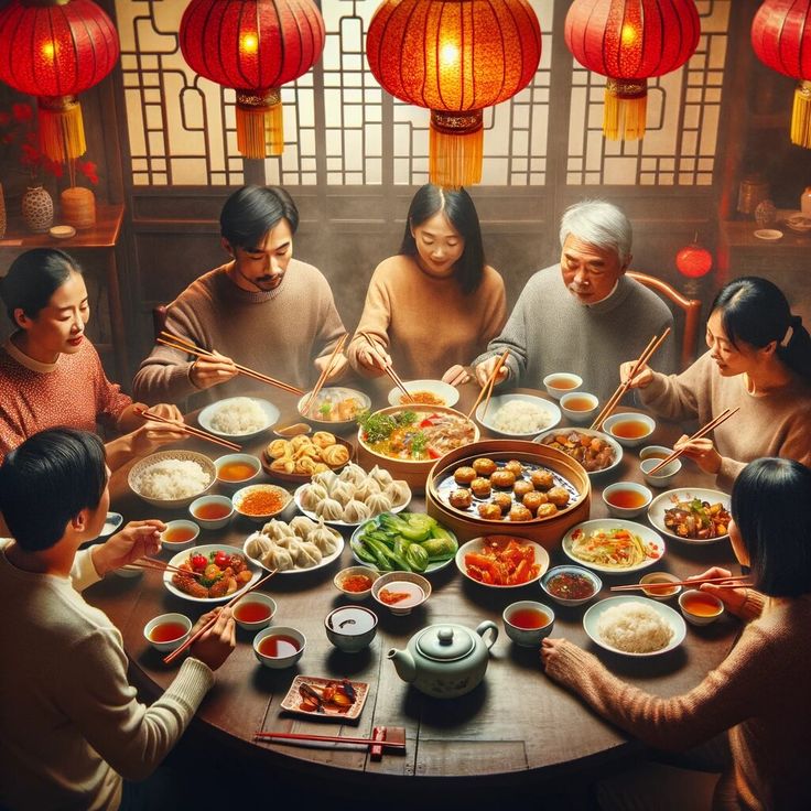 Family enjoying a communal Asian meal together at a round table with red lanterns overhead