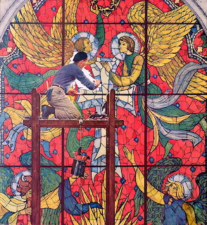 Illustration of a man on scaffolding repairing a colorful stained glass window with angels