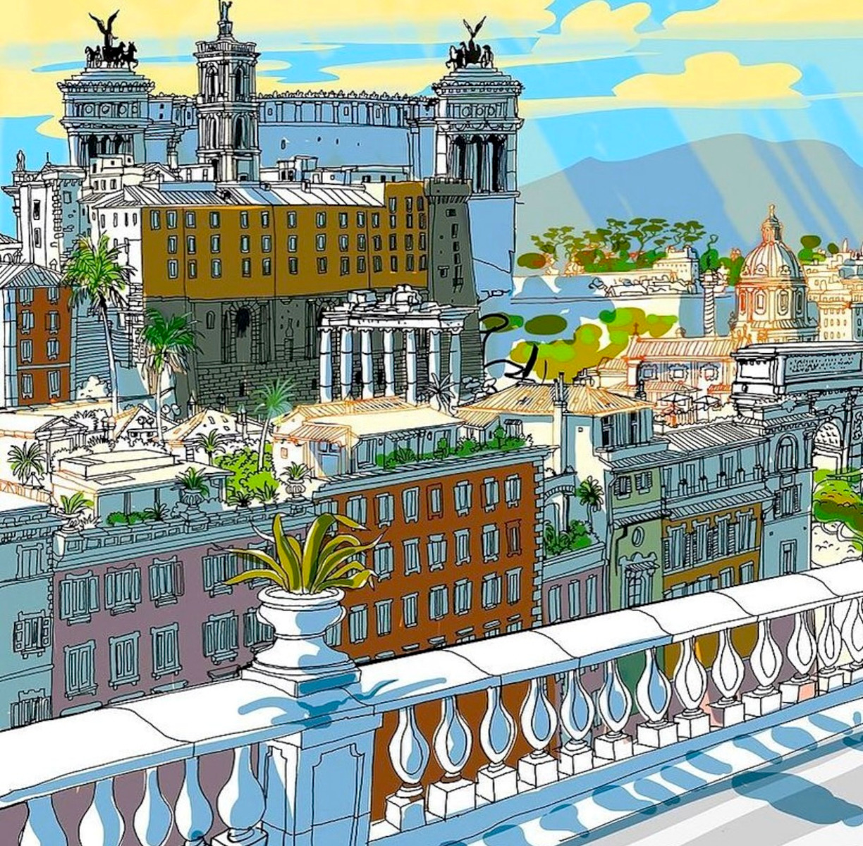 Illustrated Rome cityscape with historic monuments, colorful buildings, and ornate balcony railing in foreground