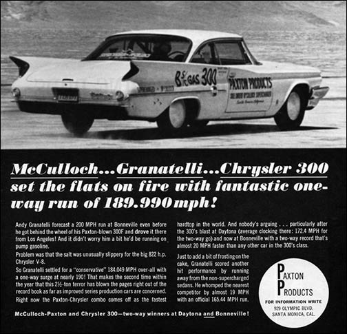 Black-and-white vintage ad showing a Chrysler 300 race car with promotional text