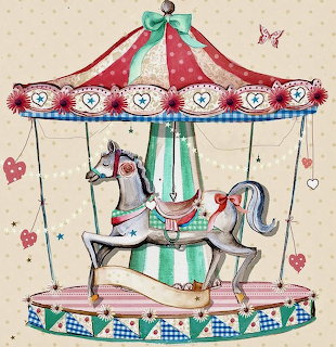 Colorful illustration of a vintage carousel with white horses under a red and green striped tent-style canopy