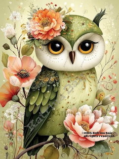 Illustrated owl with large eyes, green feathers, and pink flowers on a soft floral background