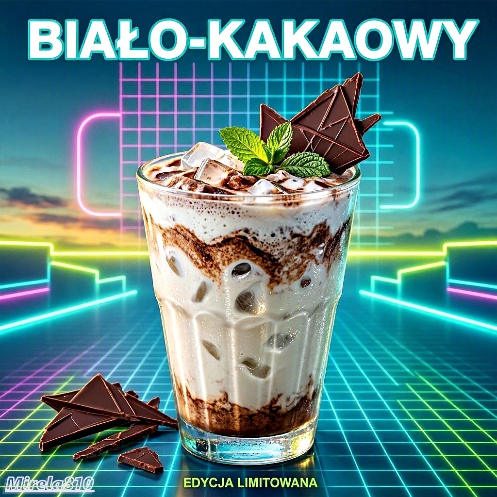 Glass of iced chocolate drink with mint, marshmallows, and chocolate pieces on a neon retro background