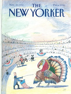 Illustration of a large turkey on an ice rink with skaters in a stadium-like setting