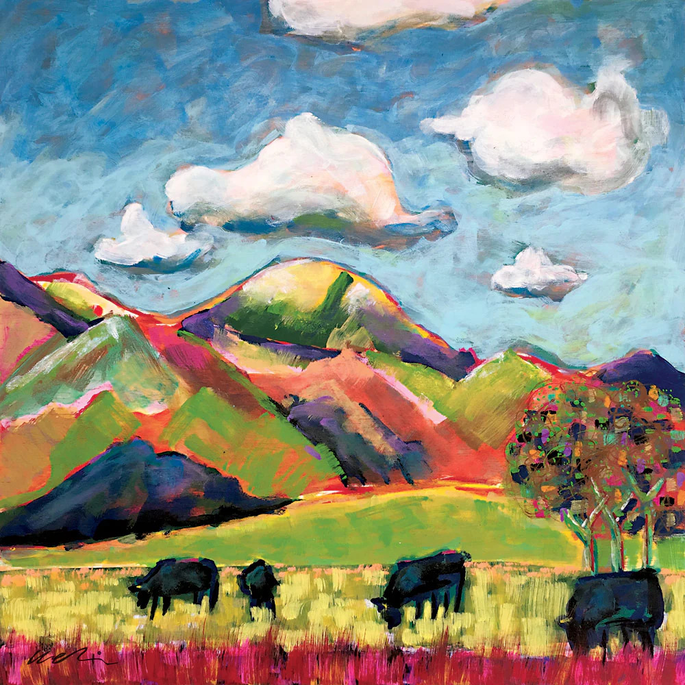 Colorful landscape painting with rolling hills, cattle grazing in fields under blue sky with white clouds
