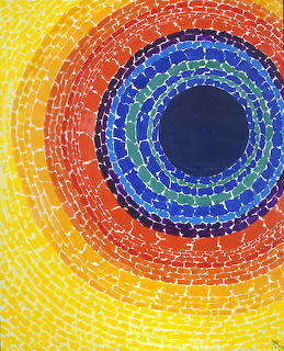 Abstract painting of concentric colored circles with mosaic brushstrokes radiating from dark blue center