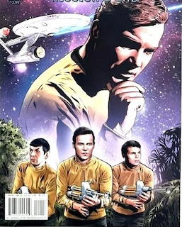 Illustrated Star Trek comic cover with Captain Kirk, crew figures, and the USS Enterprise in space.
