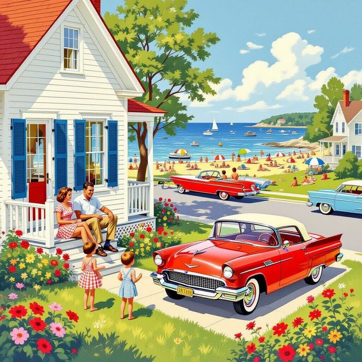 Vintage Summer Lakeside Scene