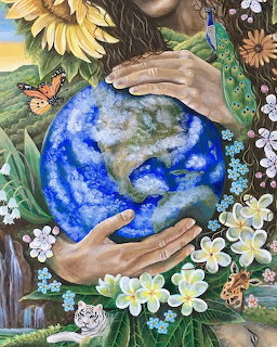 Painting of a woman holding Earth surrounded by flowers, butterflies, a peacock, and wildlife