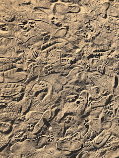 Dense overlapping footprints and shoe prints covering sandy ground surface