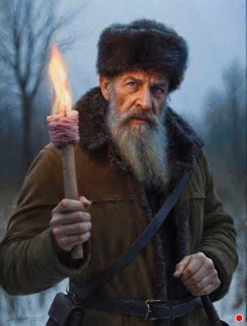 Elderly man with long white beard wearing fur hat holds burning torch in misty winter forest