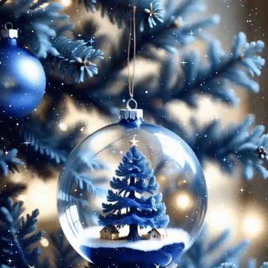 Blue glass Christmas ornament hanging on a snowy tree branch with warm lights