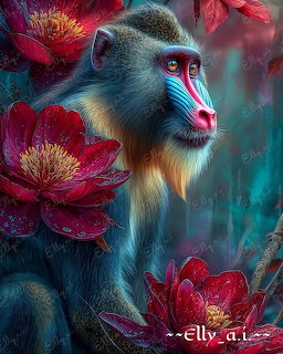 Digital illustration of a colorful mandrill with blue and red face markings among large red flowers