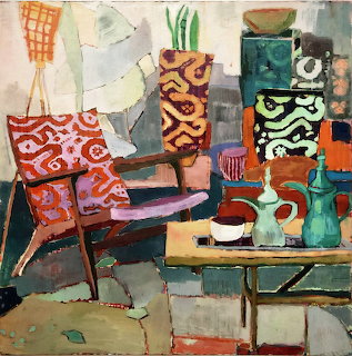 Painting of colorful interior with patterned chair, vases, and table with teapot