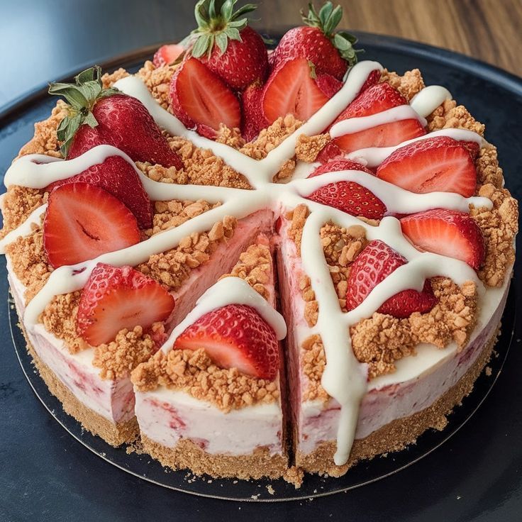 Strawberry cheesecake with white drizzle and crumb topping on black plate