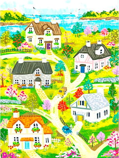Illustration of quaint white cottages with gardens and flowers in a coastal village setting with ocean in background