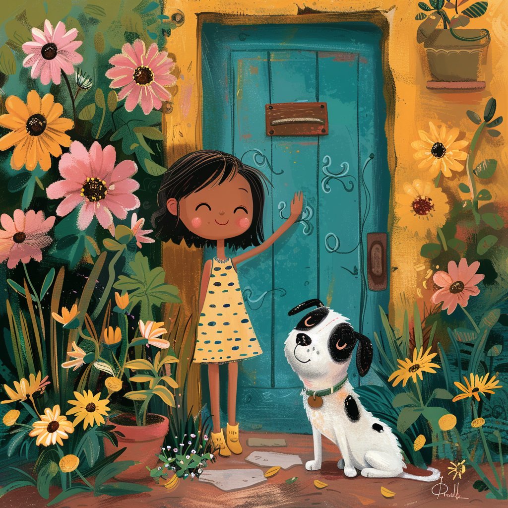 Illustrated girl in yellow dress with dalmatian puppy by turquoise door surrounded by pink and yellow flowers