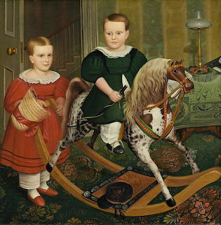 Folk art painting of two children, one on a rocking horse, in a Victorian-era room