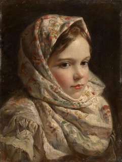 Oil painting portrait of a girl in a decorative floral headscarf looking to the side against a dark background