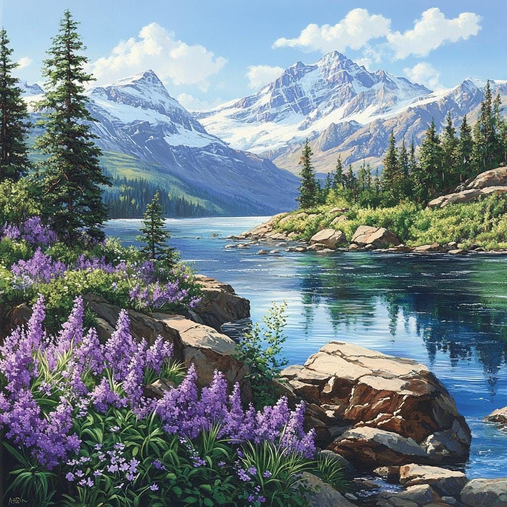 Painting of snowy mountains, a blue lake, pine trees, rocks, and purple wildflowers